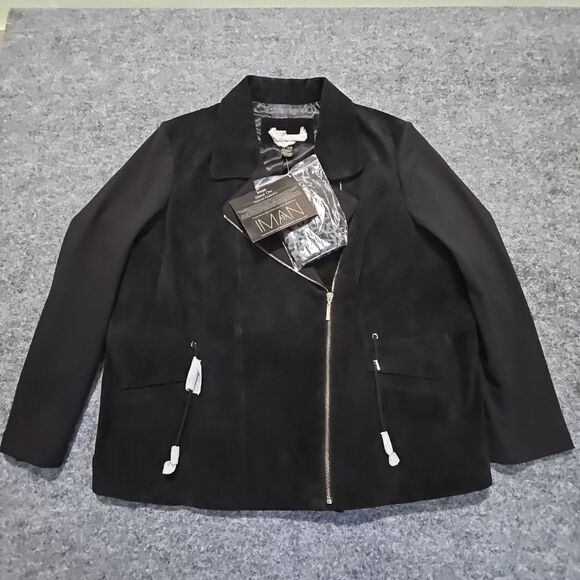 IMAN Suede Leather Moto Jacket 2X Cinch Gold Glam Y2K Bomber Grunge Baddie Biker - Picture 1 of 13